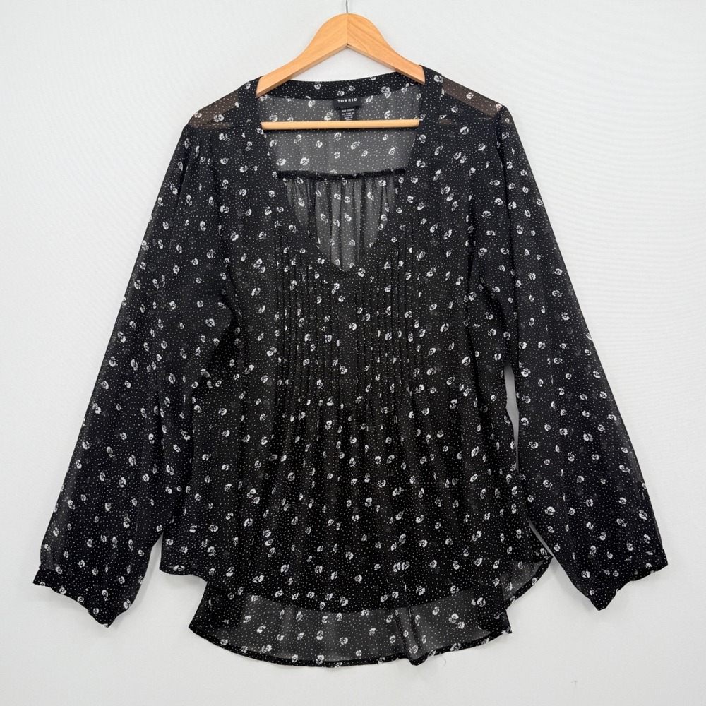 Torrid Blouse Womens 2 Black Floral Polka Dot Sheer Pleated Whimsigoth Romantic